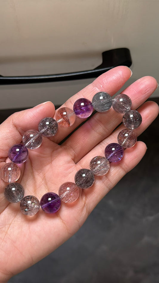 Natural Multicolor super seven Rutilated Quartz Crystal beads bracelet 12mm