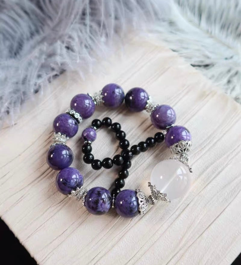 Natural Charoite purple and obsidian handmade beads bracelet