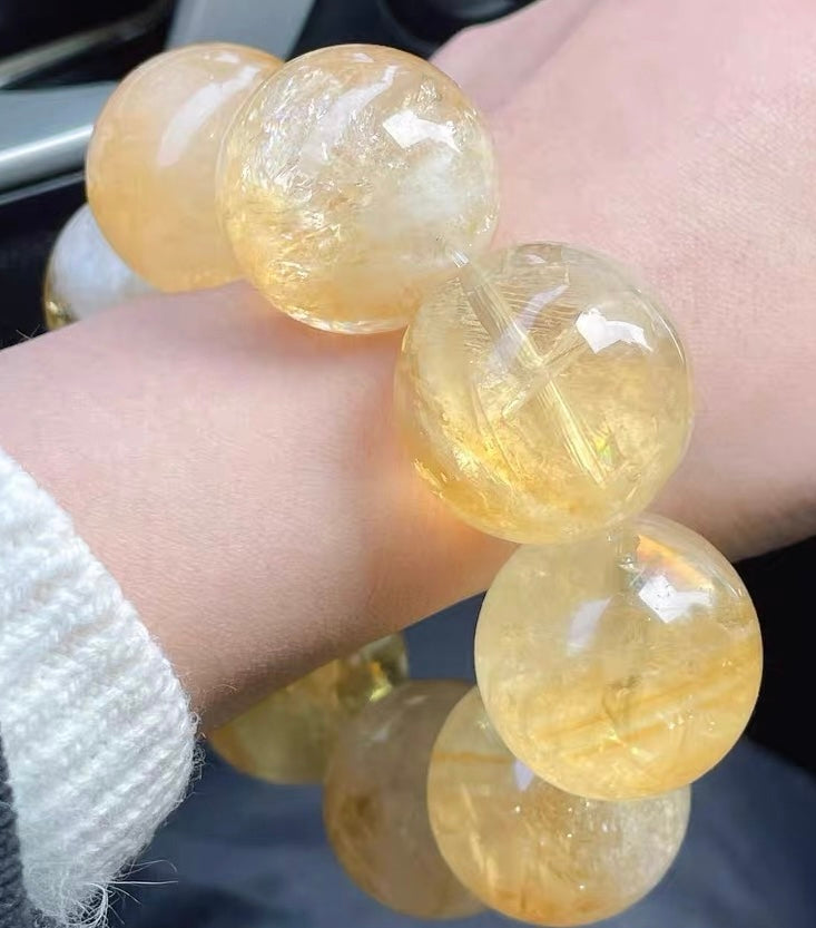 Natural Yellow Asai Citrine Quartz Crystal round beads bracelet 26.5mm