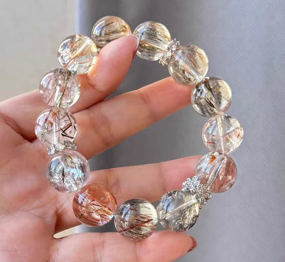 Natural Black Golden Super seven tourmaline Rutilated Quartz Crystal beads bracelet
