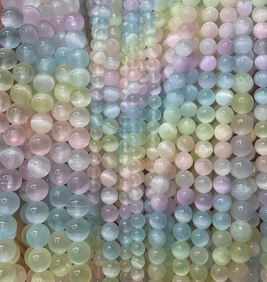 Natural Rainbow selenite smooth round loose beads