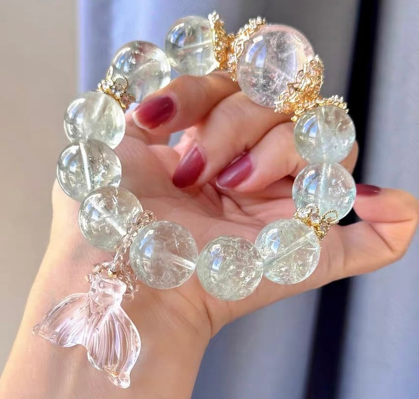 Natural Green Asai Quartz Crystal beaded bracelet 17mm