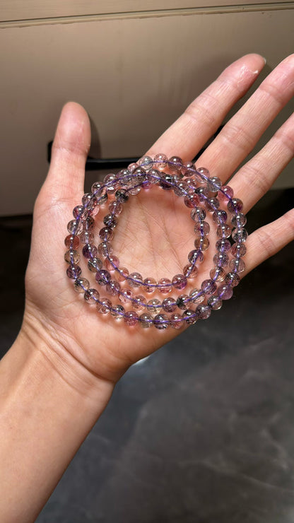 6.8mm Natural Super seven crystal Rutilated Quartz beads bracelet,3 laps bracelet