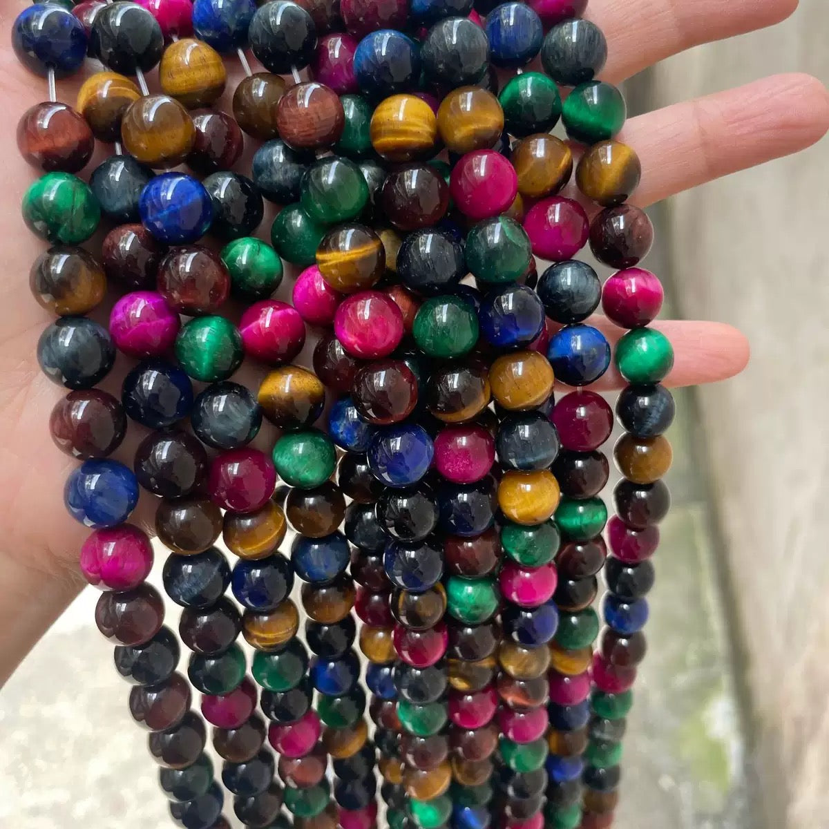 Natural mixed color tiger'eyes Red blue green yellow purple smooth round beads