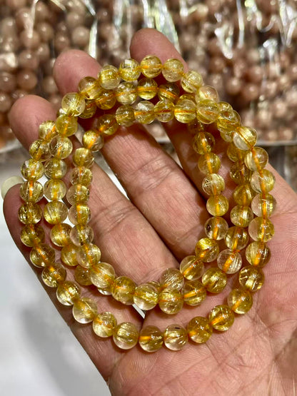 6.5mm Natural Golden Rutilated Crystal quartz beads bracelet,3 laps bracelet
