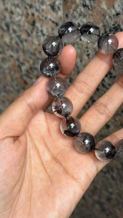 13mm High Quality Rare Natural Genuine Black Brookite Platinum Silver Rutilated Quartz Bracelet healing energy bracelet
