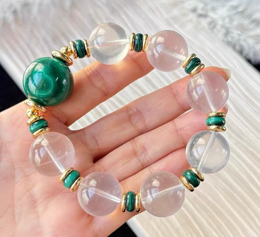 Natural Rock quartz Crystal and malachite beaded bracelet
