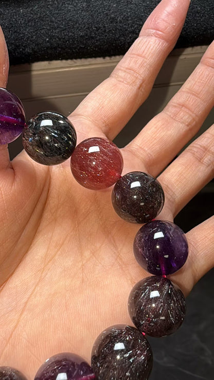 Purple Red Super seven Rutilated Quartz Crystal beaded bracelet 15mm,Lepidocrocite in crystal