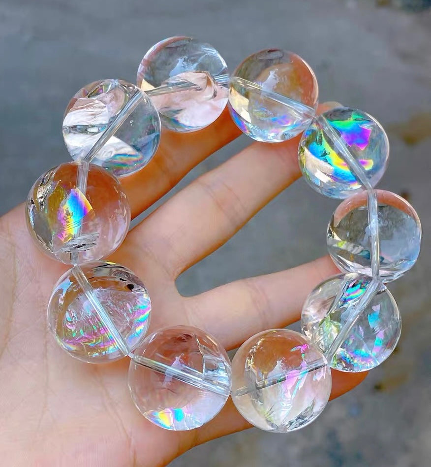 23mm Natural Rainbow White ASai Rock Quartz Crystal beaded bracelet