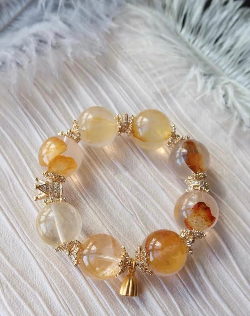 19mm Natural Yellow pyrite in Hematoid Lepidocrocite Quartz Crystal beaded bracelet