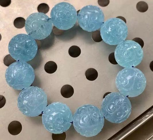 17mm Natural Aquamarine Carved beaded bracelet