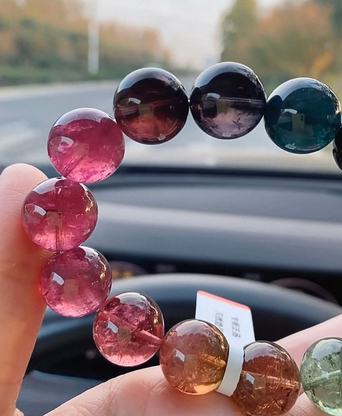 Natural Tourmaline Bracelet Multicolor Round Bead Crystal Bangle
