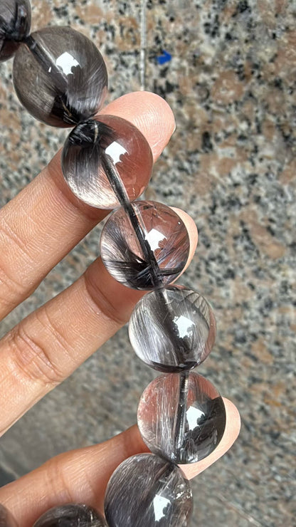 14mm High Quality Rare Natural Genuine Black Brookite Platinum Silver Rutilated Quartz Bracelet healing energy bracelet