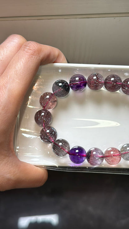 12.5mm Natural super seven Rutilated Quartz Crystal beads bracelet,Lepidocrocite in quartz,super7 bracelet