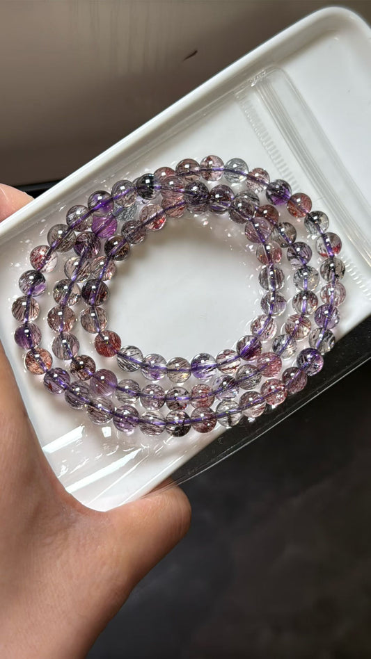 6.8mm Natural Super seven crystal Rutilated Quartz beads bracelet,3 laps bracelet
