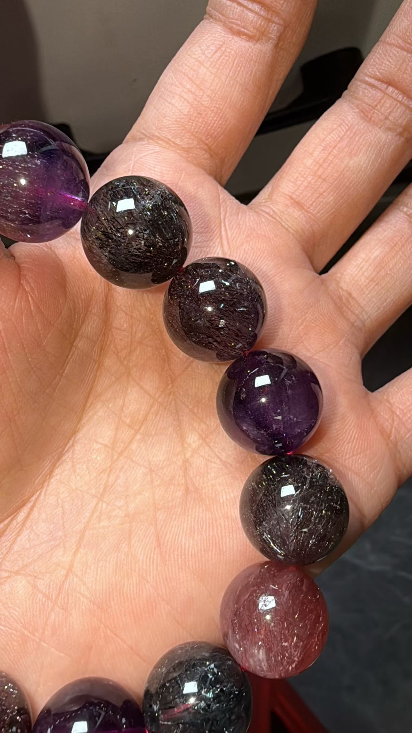 Purple Red Super seven Rutilated Quartz Crystal beaded bracelet 15mm,Lepidocrocite in crystal