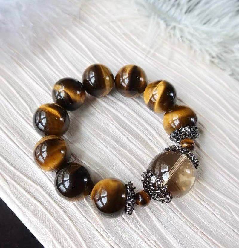 Natural Yellow tiger eyes and Smoky Quartz Crystal beaded bracelet