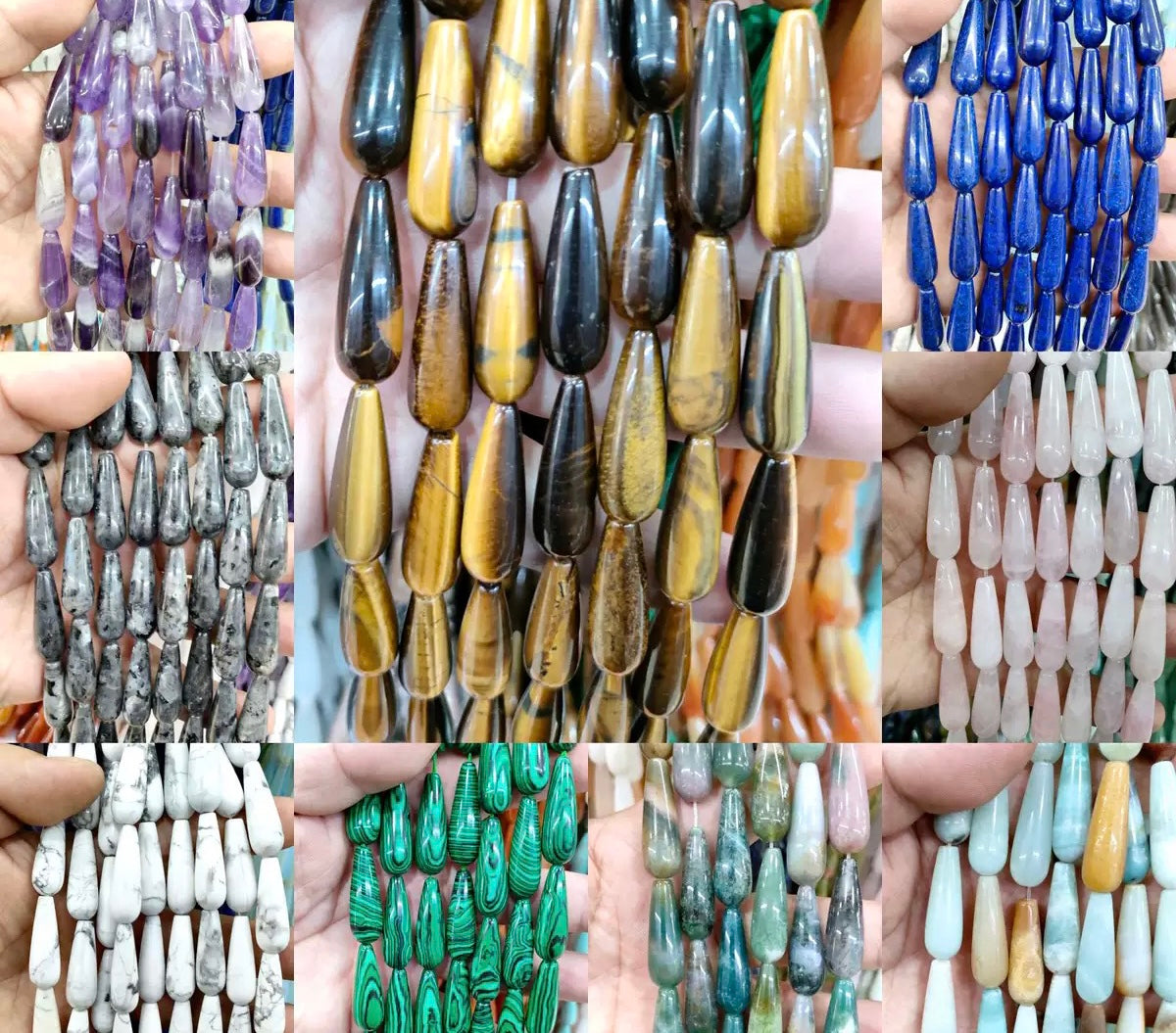 Natural Unakite Jasper , Aquamarine,Yellow Jade,White Howlite, Amazonite,Tigereyes,India Agate Smooth Teardrop Beads 10mm*30mm
