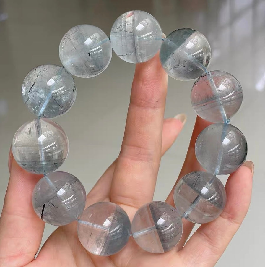Natural blue phantom Rutilated Quartz Crystal beads bracelet 20mm