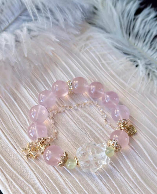 14mm Handmade pink rose quartz crystal beaded bracelet