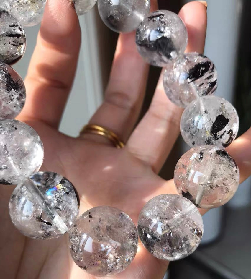 Natural Rainbow Herkimer diamond Quartz Crystal beads bracelet 18mm