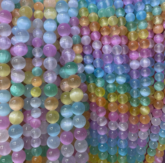Natural Rainbow selenite smooth round loose strands beads