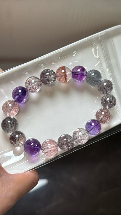 Natural Multicolor super seven Rutilated Quartz Crystal beads bracelet 12mm