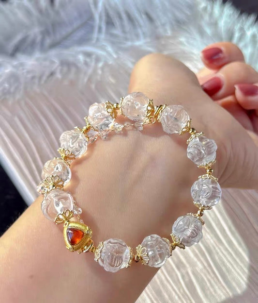 Rock quartz Crystal Carved beaded bracelet 12mm