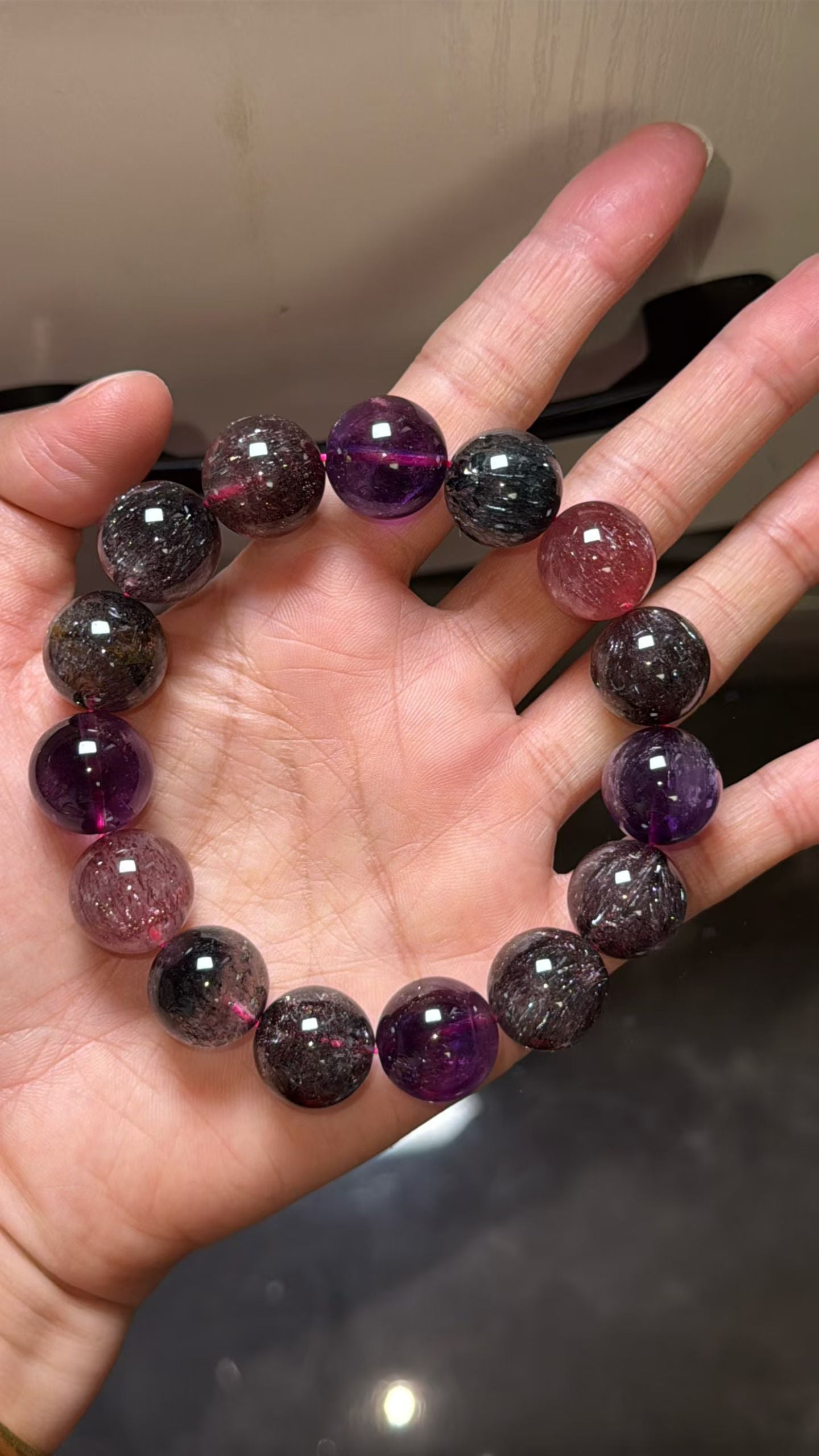 Purple Red Super seven Rutilated Quartz Crystal beaded bracelet 15mm,Lepidocrocite in crystal