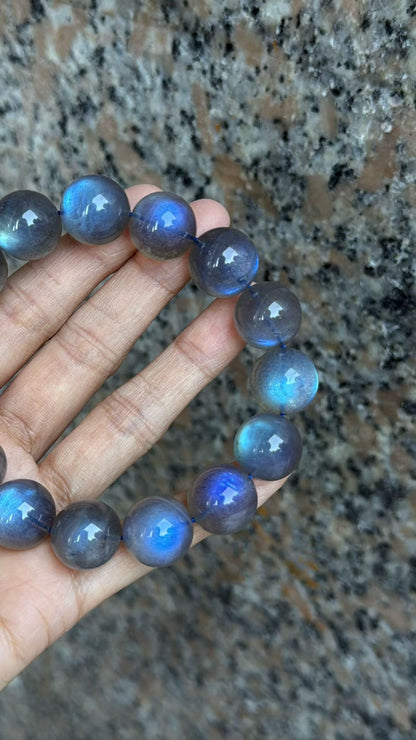 15MM Blue Flashlight Gray moonstone labradorite beaded bracelet
