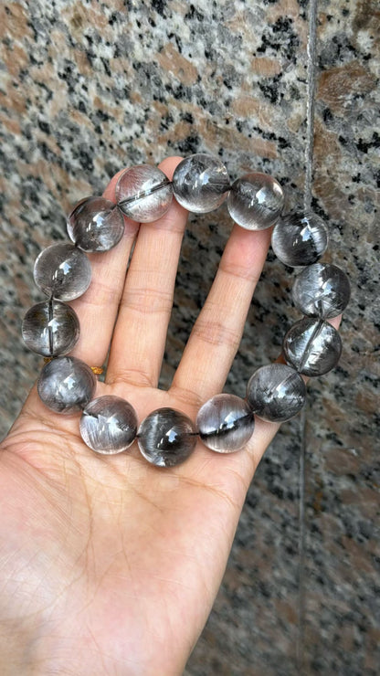 17mm High Quality Rare Natural Genuine Black Brookite Platinum Silver Rutilated Quartz Bracelet healing energy bracelet
