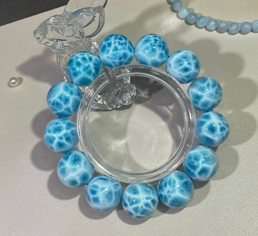 17mm Natural blue Larimar round handmade beaded bracelet