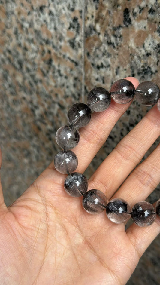 13mm High Quality Rare Natural Genuine Black Brookite Platinum Silver Rutilated Quartz Bracelet healing energy bracelet
