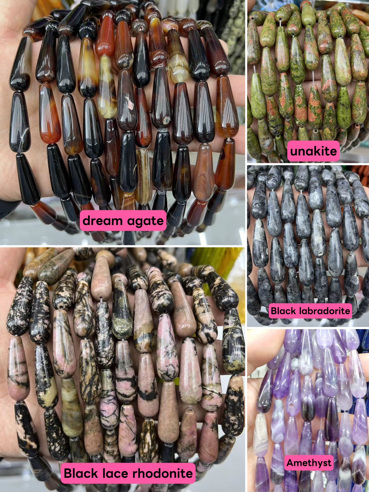 Natural Unakite Jasper , Aquamarine,Yellow Jade,White Howlite, Amazonite,Tigereyes,India Agate Smooth Teardrop Beads 10mm*30mm