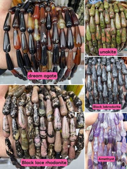 Natural Unakite Jasper , Aquamarine,Yellow Jade,White Howlite, Amazonite,Tigereyes,India Agate Smooth Teardrop Beads 10mm*30mm