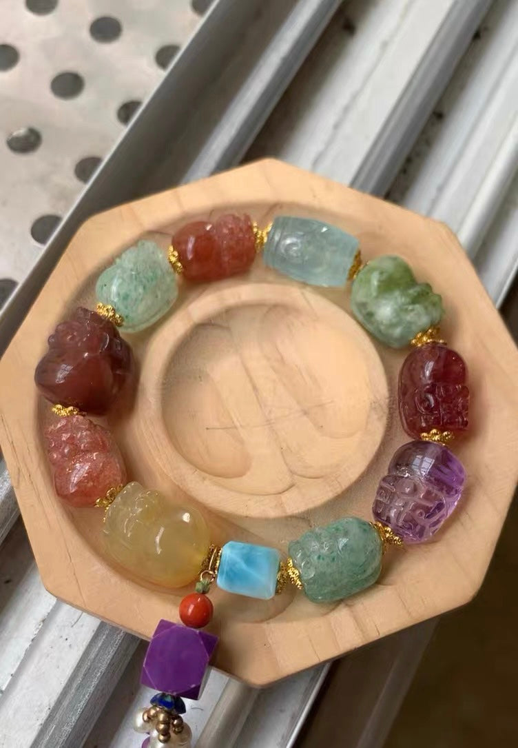 Natural Mixed Gemstone Crystal Carved beaded bracelet