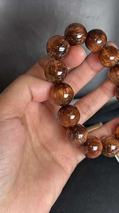 Natural Genuine Red copper Rutilated Quartz Crystal beads bracelet 15mm