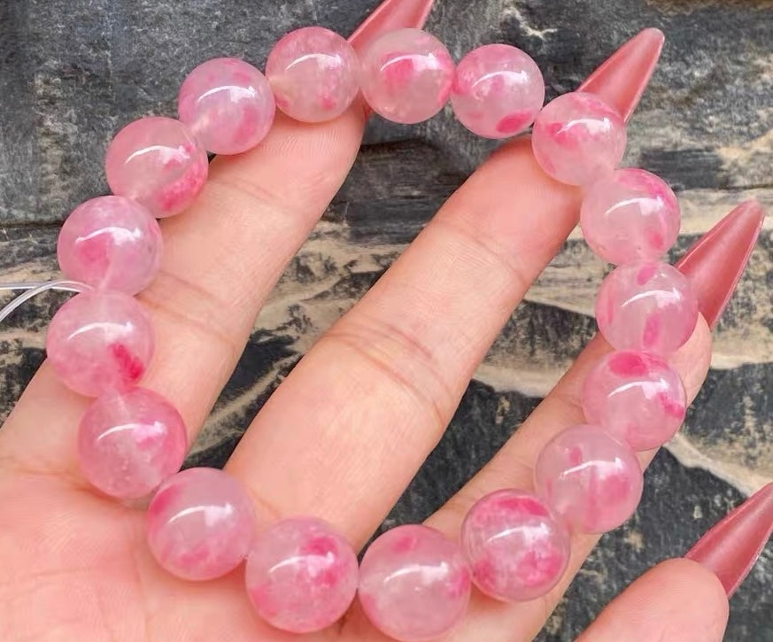 12mm Natural Cherry Blossom Rains pink rhodonite beaded bracelet