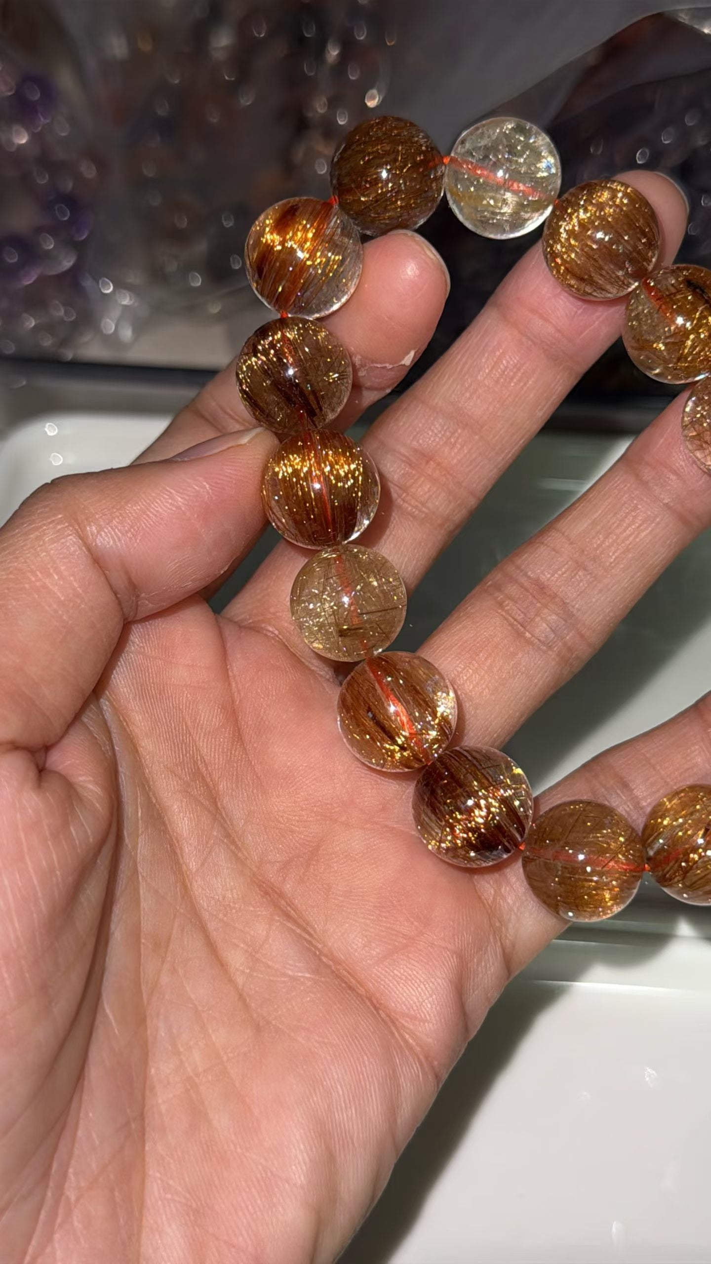 Natural Multicolor Rutilated Quartz Crystal beads bracelet 13mm