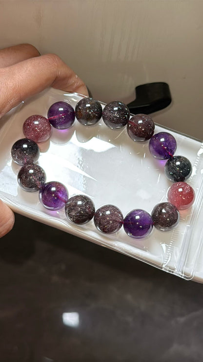 Purple Red Super seven Rutilated Quartz Crystal beaded bracelet 15mm,Lepidocrocite in crystal
