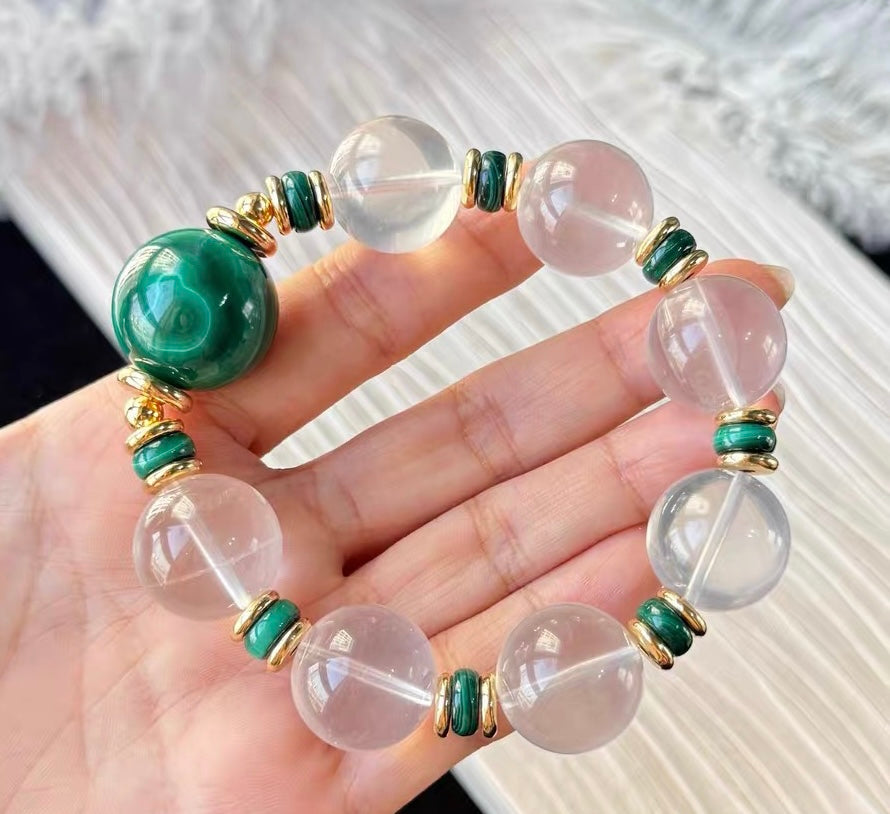 Natural Rock quartz Crystal and malachite beaded bracelet