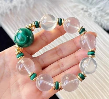 Natural Rock quartz Crystal and malachite beaded bracelet