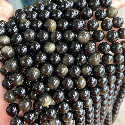 Natural Gold obsidian Round Loose Gemstone beads for jewelry making 4-14mm,bracelet necklace supply,15 Inch Strand