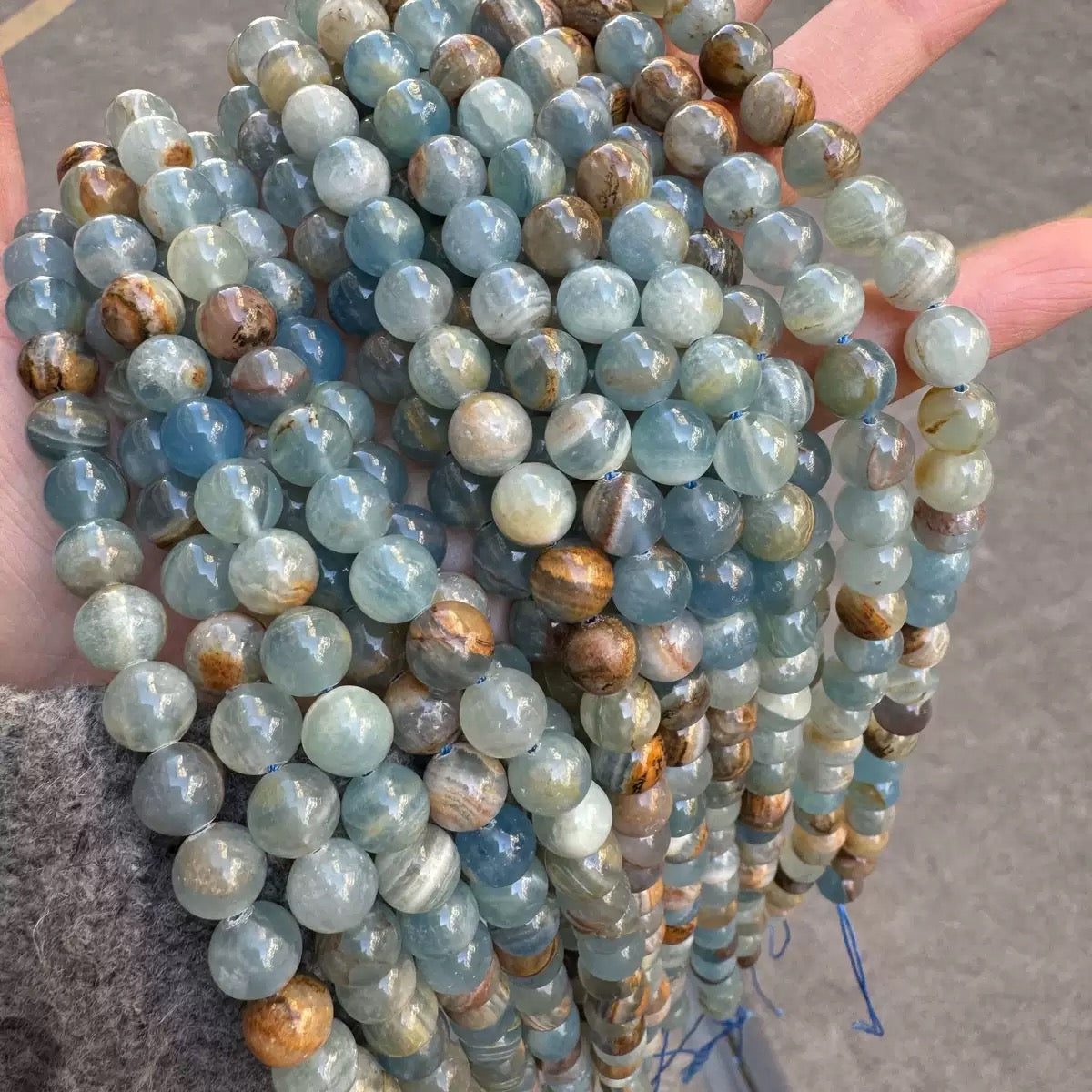 Natural Argentina Lemurian Aquatine Calcite Aka Blue Smooth Round Beads