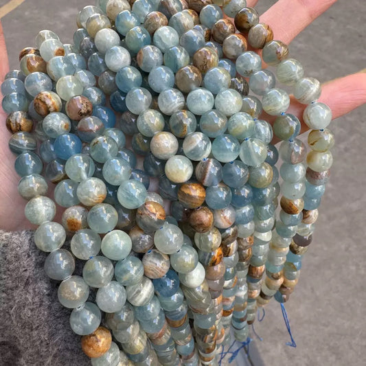 Natural Argentina Lemurian Aquatine Calcite Aka Blue Smooth Round Beads