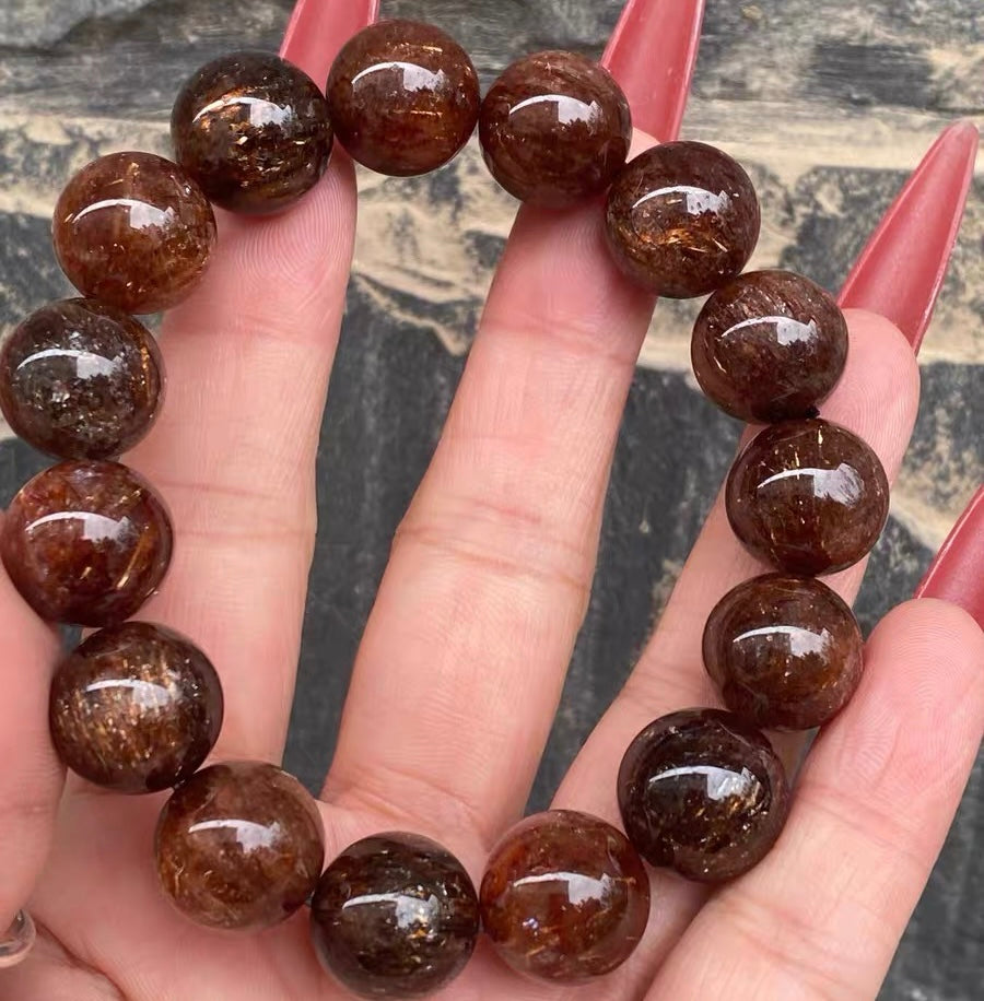 Natural Black Golden super seven Rutilated Quartz Crystal beads bracelet 14mm