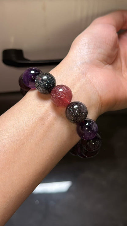 Purple Red Super seven Rutilated Quartz Crystal beaded bracelet 15mm,Lepidocrocite in crystal