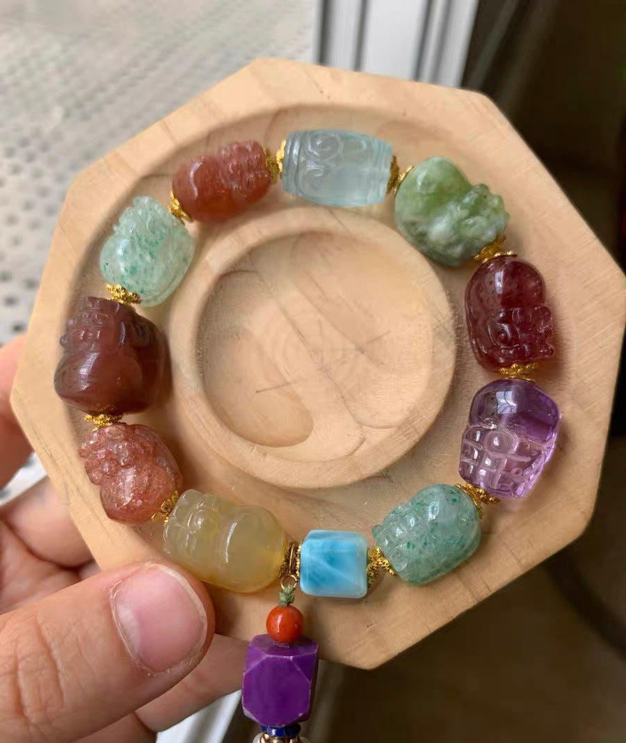 Natural Mixed Gemstone Crystal Carved beaded bracelet