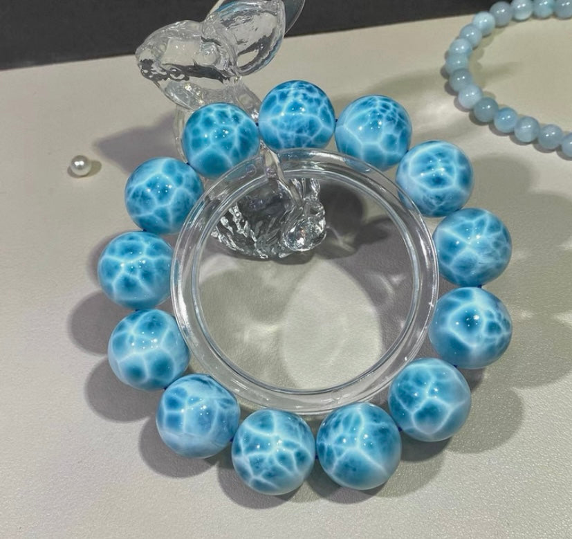 17mm Natural blue Larimar round handmade beaded bracelet