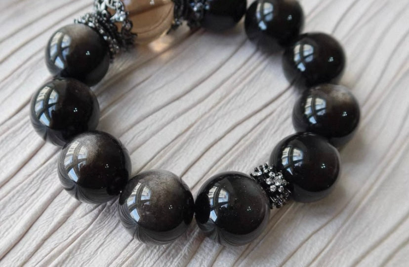 Natural silver obsidian and Smoky Quartz Crystal beaded bracelet 18mm
